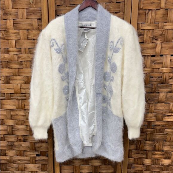BNWT Vintage Lady Monica Angora Ivory and Light Blue Floral Cardigan - Picture 1 of 5